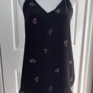 LOFT Black Camisole with Pink Floral Embroidery